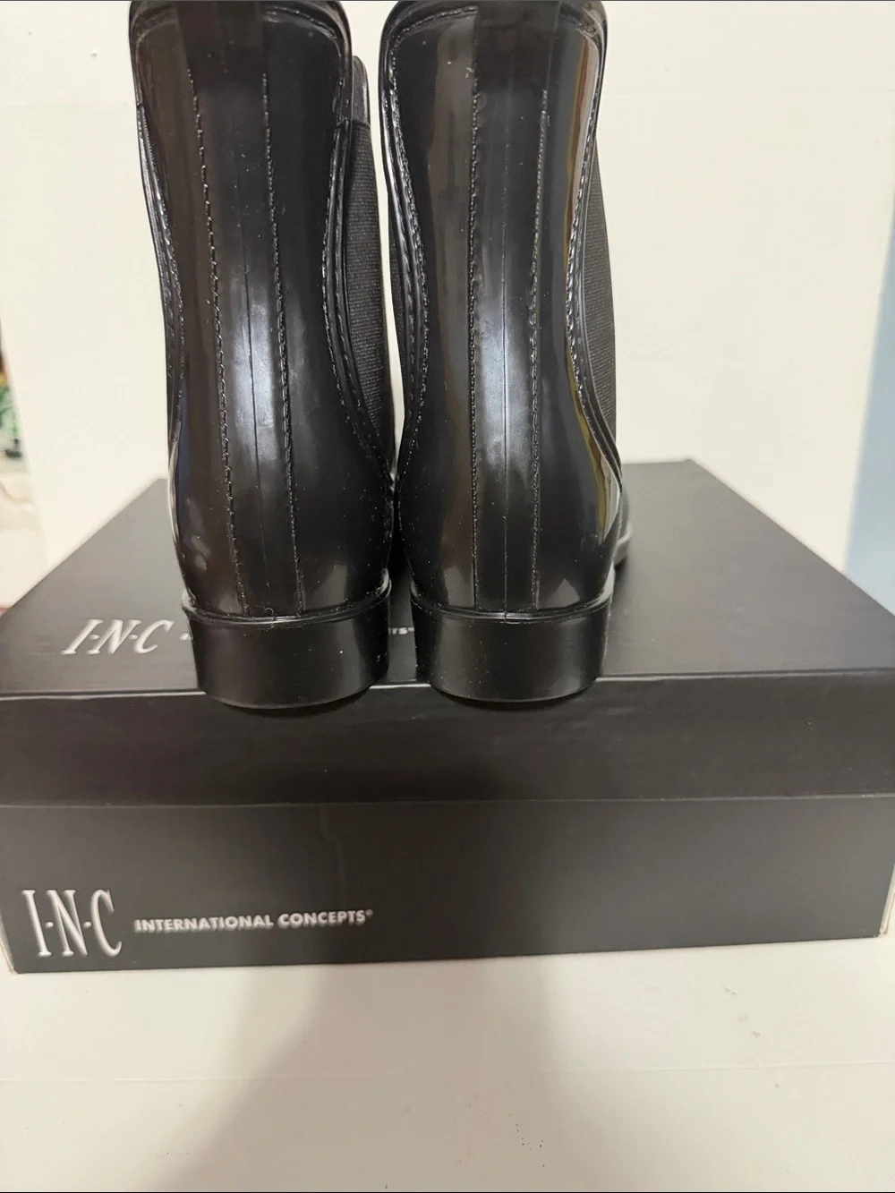 INC International Concepts Black Gloss Chelsea Rain Ankle Boots